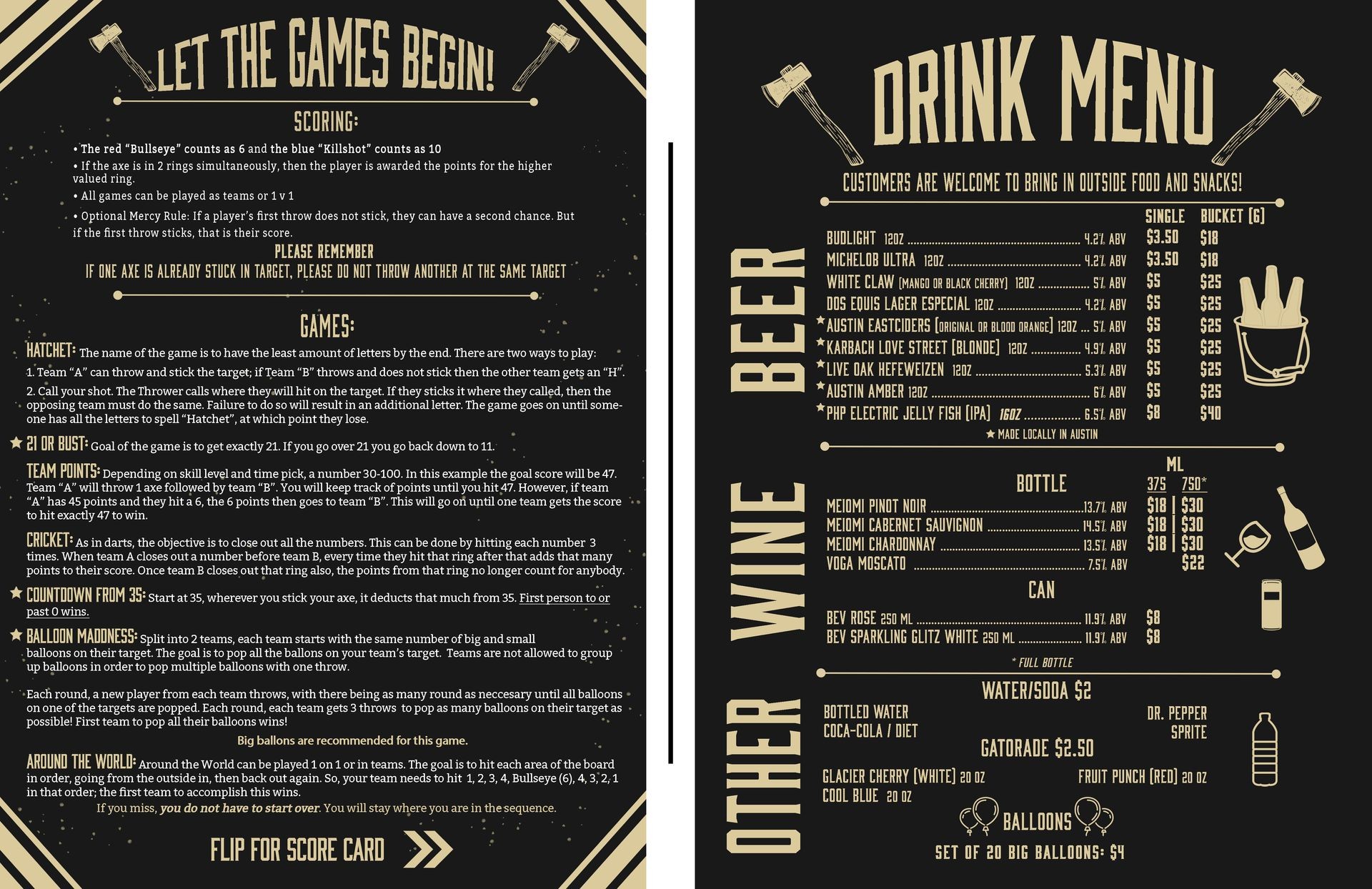 Drink Menu & Game Card